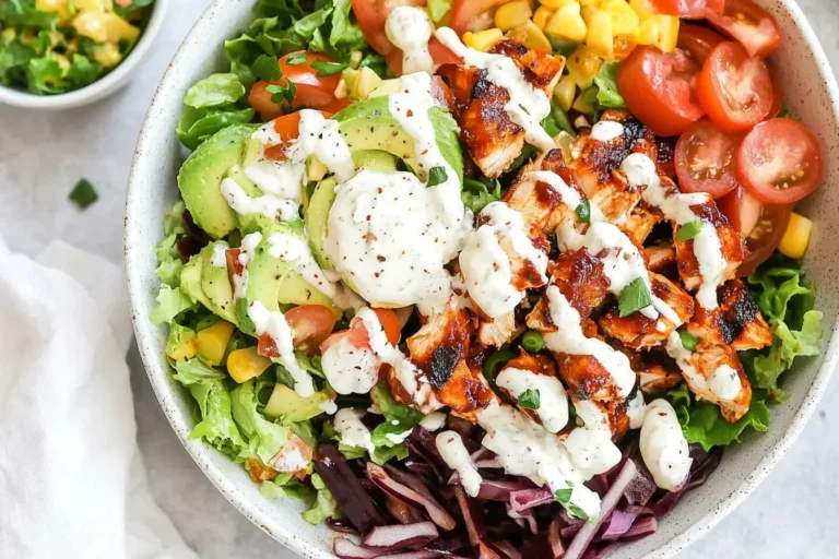 BBQ Chicken Salad with grilled chicken, avocado, cherry tomatoes, and ranch dressing in a white bowl.