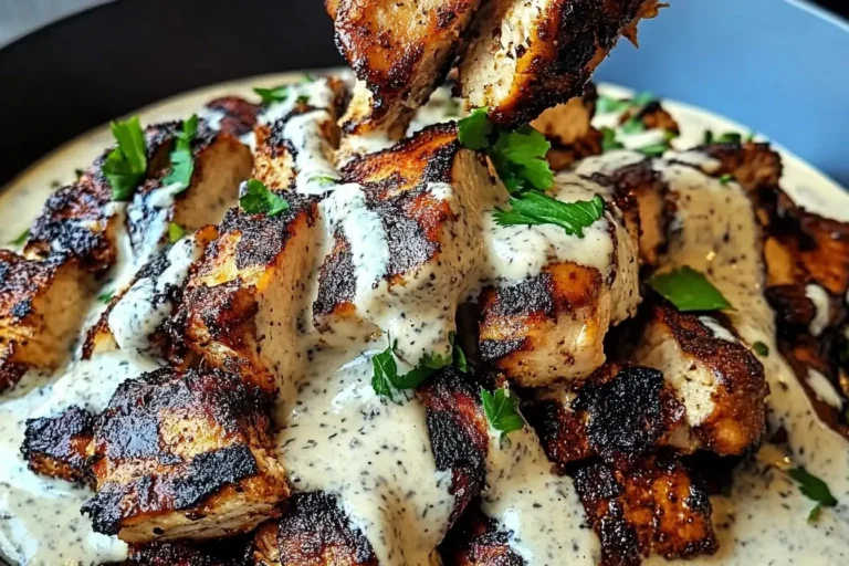 Char-grilled Chicken Shawarma with Creamy Garlic Sauce topped with parsley in a serving bowl.
