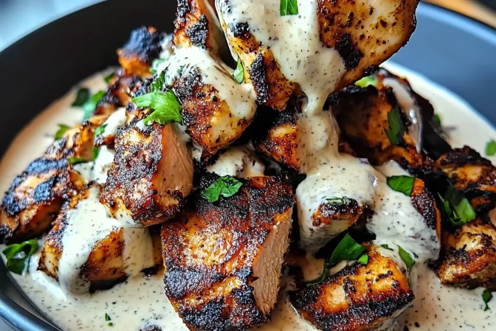 Grilled Chicken Shawarma with Creamy Garlic Sauce served in a bowl and topped with fresh parsley.