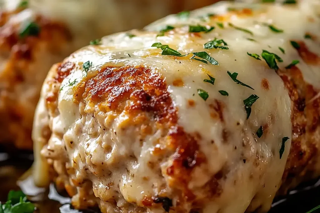 Melt-in-Your-Mouth Garlic Parmesan Chicken Meatloaf with melted cheese and herbs on top