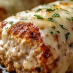 Melt-in-Your-Mouth Garlic Parmesan Chicken Meatloaf with melted cheese and herbs on top