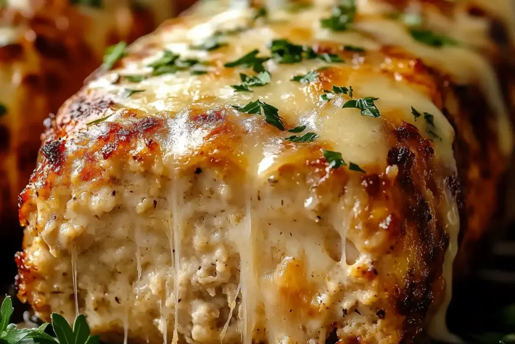 Close-up of Melt-in-Your-Mouth Garlic Parmesan Chicken Meatloaf topped with melted cheese and fresh herbs