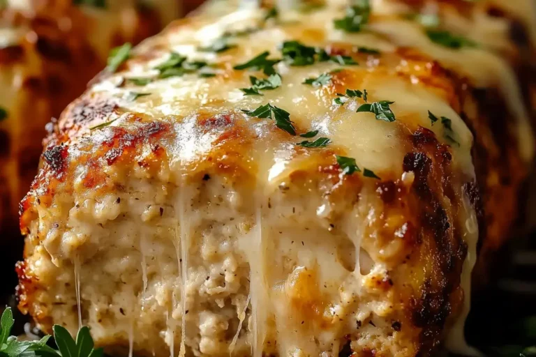 Close-up of Melt-in-Your-Mouth Garlic Parmesan Chicken Meatloaf topped with melted cheese and fresh herbs