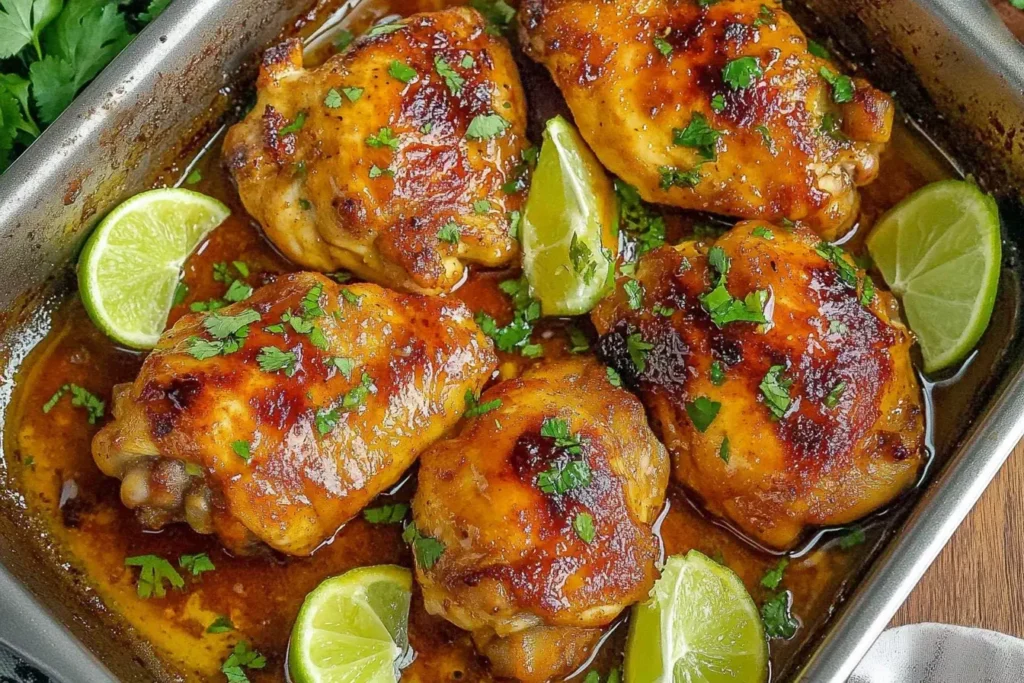 Baked Honey Lime Chicken thighs in a pan, glazed with a sticky citrus sauce and garnished with lime wedges and fresh herbs.