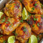 Baked Honey Lime Chicken thighs in a pan, glazed with a sticky citrus sauce and garnished with lime wedges and fresh herbs.