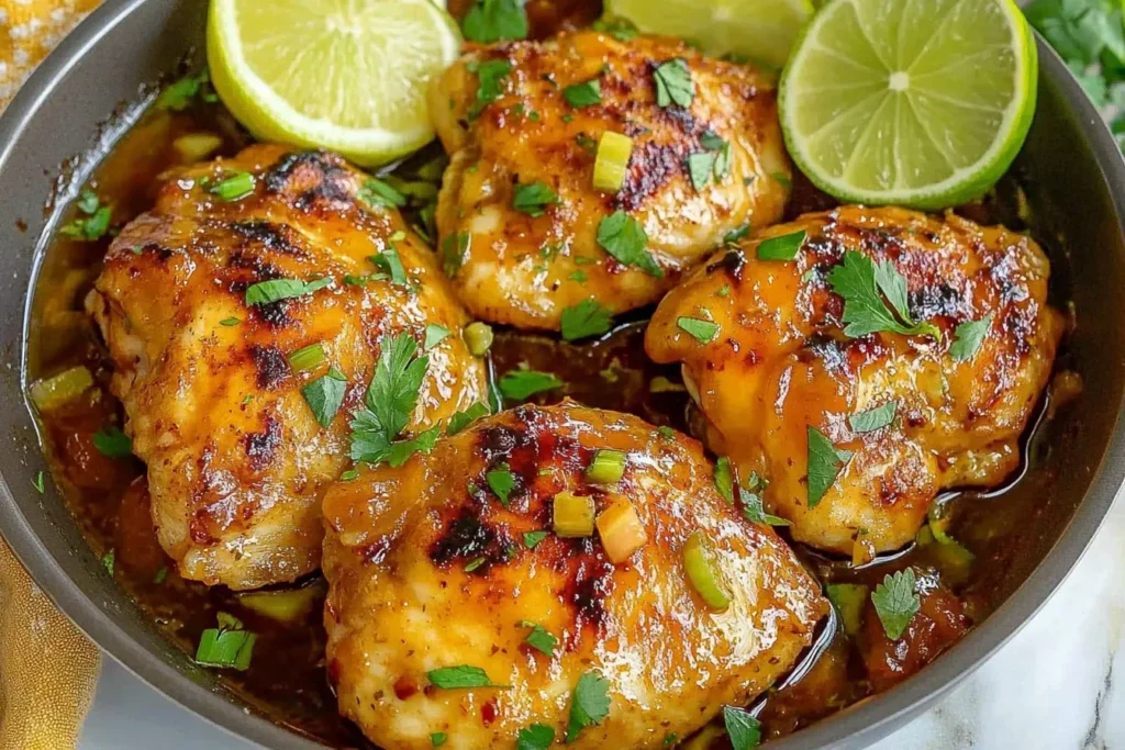 Honey Lime Chicken thighs glazed with a sweet and tangy sauce, garnished with fresh herbs and lime slices in a skillet.