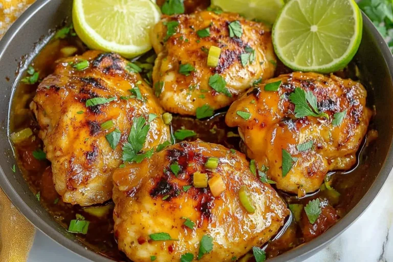 Honey Lime Chicken thighs glazed with a sweet and tangy sauce, garnished with fresh herbs and lime slices in a skillet.