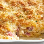 Cheesy Chicken Cordon Bleu Casserole with ham, creamy filling, and crispy breadcrumb topping in a white baking dish.