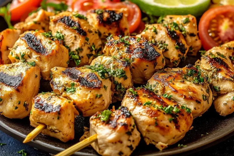 Close-up of grilled Authentic Greek Chicken Souvlaki with herbs and charred edges on skewers.