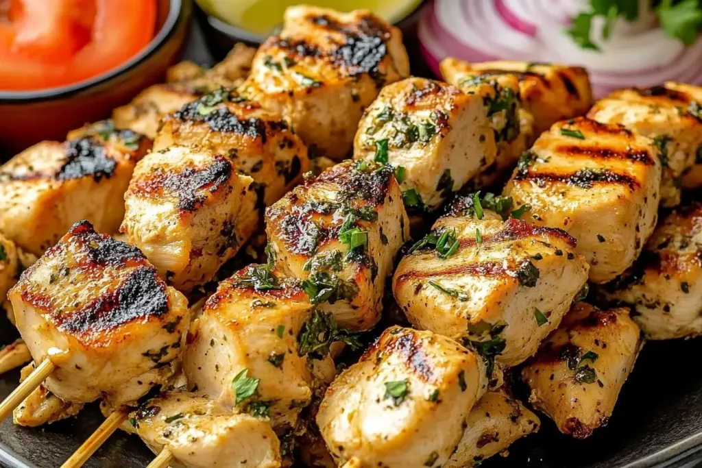 Grilled Authentic Greek Chicken Souvlaki skewers with herbs and char marks on a platter.
