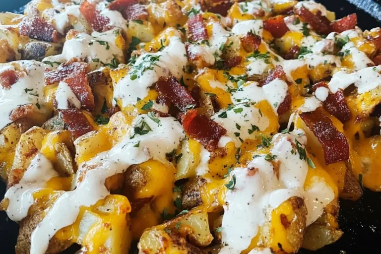 Blackstone Buffalo Chicken Loaded Potatoes topped with melted cheese, crispy bacon, ranch drizzle, and fresh herbs.