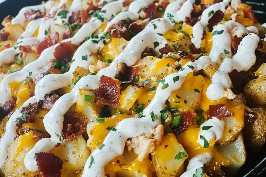 Close-up of Blackstone Buffalo Chicken Loaded Potatoes topped with bacon, cheddar cheese, ranch drizzle, and fresh herbs.
