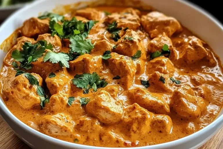 Creamy bowl of Gordon Ramsay Chicken Tikka Masala garnished with fresh coriander.