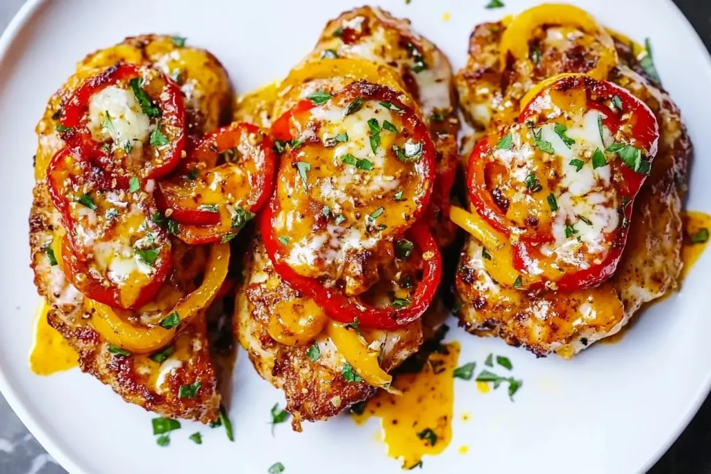 Cajun Chicken with Bell Peppers topped with melted cheese and fresh herbs on a white plate