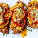 Cajun Chicken with Bell Peppers topped with melted cheese and fresh herbs on a white plate