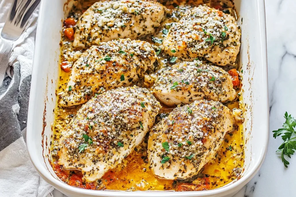 Garlic Parmesan Chicken Bake in a white baking dish topped with herbs and melted parmesan cheese