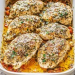 Garlic Parmesan Chicken Bake in a white baking dish topped with herbs and melted parmesan cheese