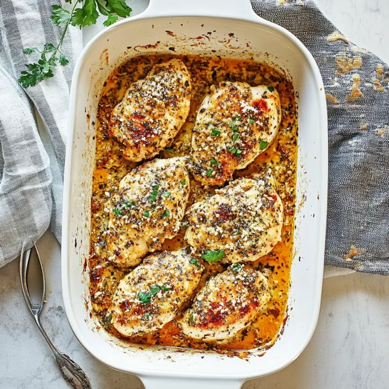 Garlic Parmesan Chicken Bake topped with herbs and cheese in a white ceramic baking dish