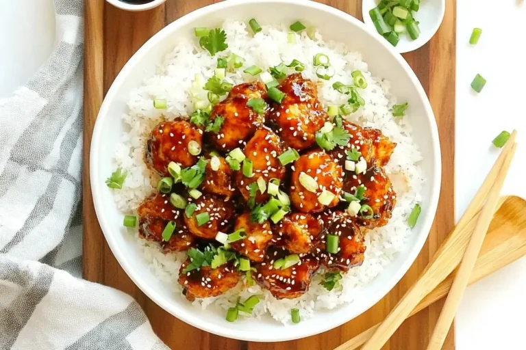 Volcano Chicken served over white rice, topped with sesame seeds and green onions in a white bowl.
