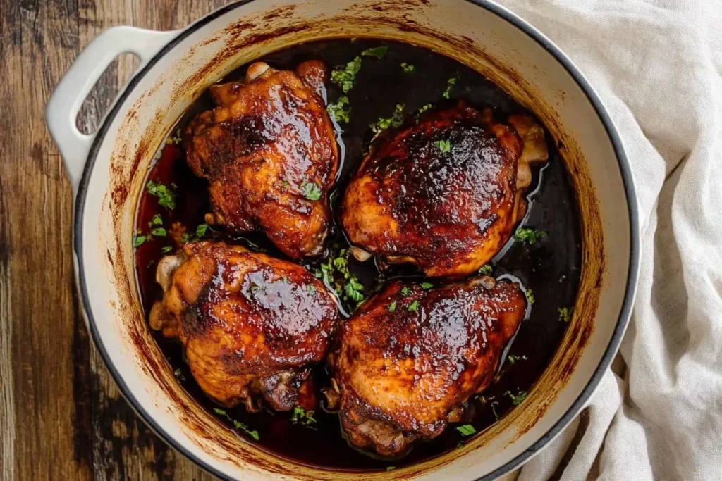 Juicy chicken thighs simmered in soy-vinegar sauce for a traditional Filipino Adobo Chicken Recipe
