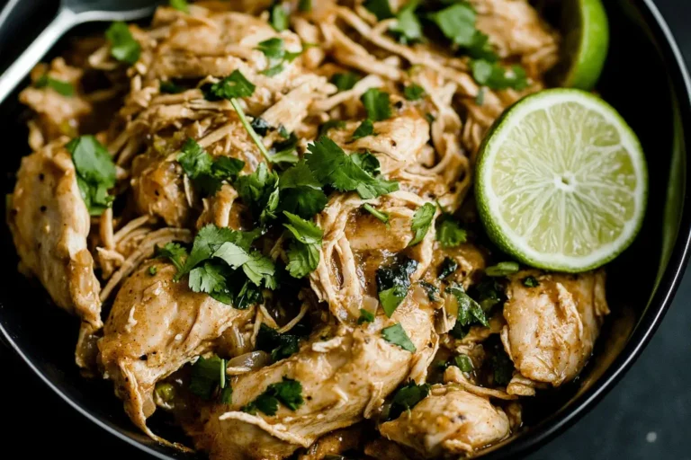 Slow Cooker Cilantro Lime Chicken topped with fresh cilantro and lime slices in a black bowl