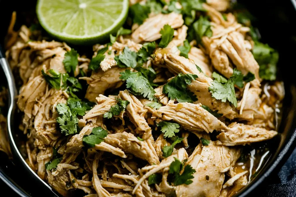 Slow Cooker Cilantro Lime Chicken shredded and garnished with fresh cilantro in a bowl