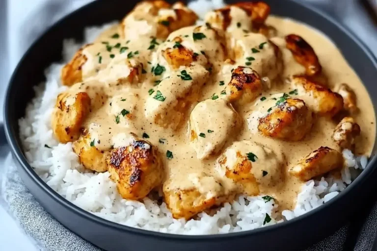 Creamy Smothered Chicken and Rice served in a black bowl over fluffy white rice, topped with rich garlic-Parmesan sauce and fresh parsley.