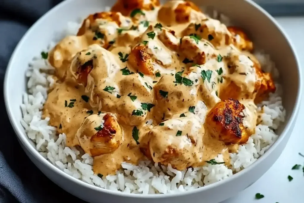 Creamy Smothered Chicken and Rice topped with parsley served in a white bowl over fluffy rice.