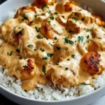Creamy Smothered Chicken and Rice topped with parsley served in a white bowl over fluffy rice.