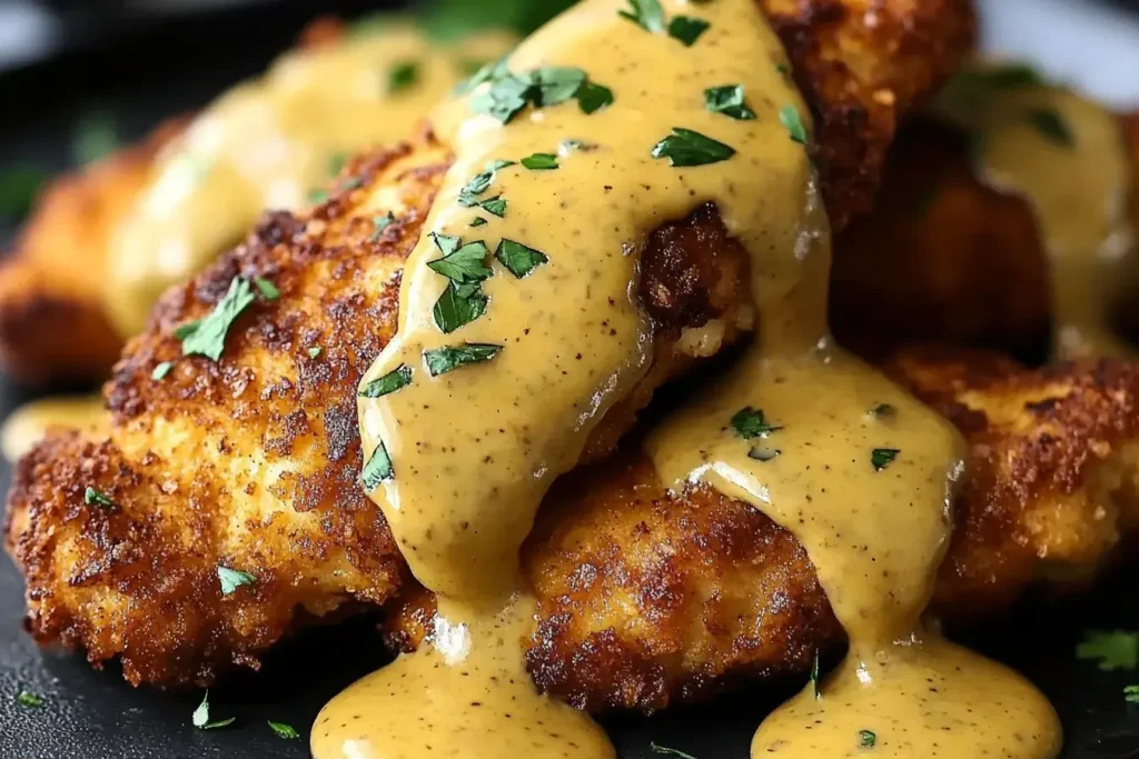 Close-up of Pretzel Chicken with Mustard-Cheddar Sauce topped with fresh parsley and creamy mustard-cheddar drizzle