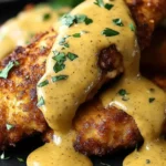 Close-up of Pretzel Chicken with Mustard-Cheddar Sauce topped with fresh parsley and creamy mustard-cheddar drizzle