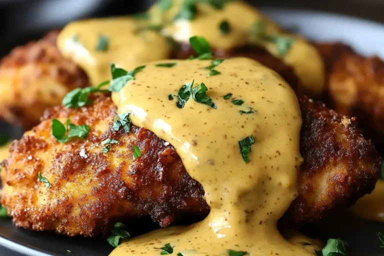 Crispy Pretzel Chicken with Mustard-Cheddar Sauce topped with creamy cheddar-mustard drizzle and fresh herbs