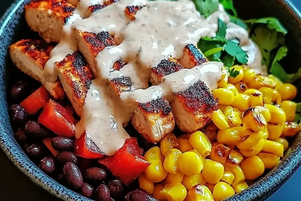 Grilled Chipotle Chicken Bowl with Black Beans and Corn with Creamy Sauce served in a rustic bowl, garnished with fresh cilantro.