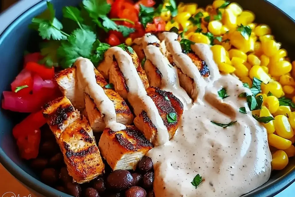 Grilled Chipotle Chicken Bowl with Black Beans and Corn with Creamy Sauce, topped with fresh cilantro and colorful veggies.