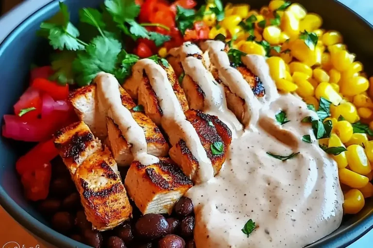 Grilled Chipotle Chicken Bowl with Black Beans and Corn with Creamy Sauce, topped with fresh cilantro and colorful veggies.