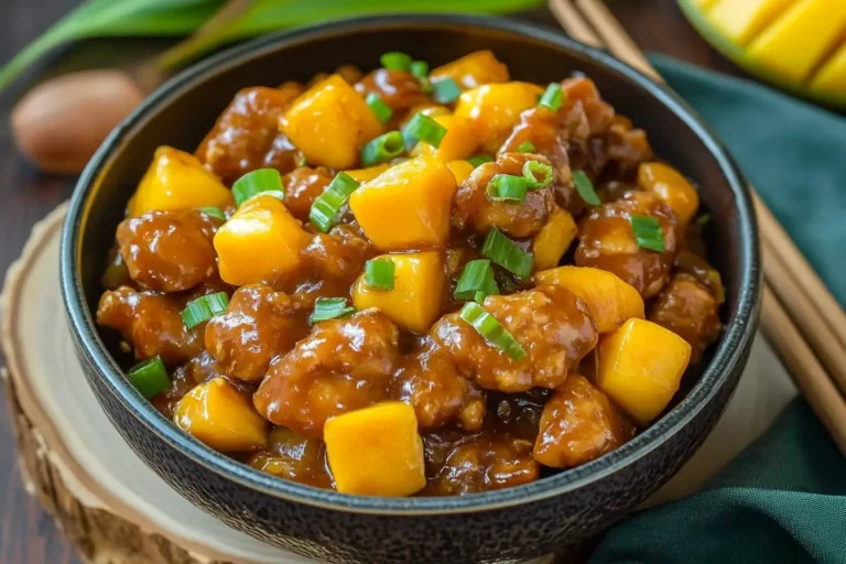 Chinese-Style Mango Chicken Stir Fry served in a black bowl with mango chunks and green onions on top.