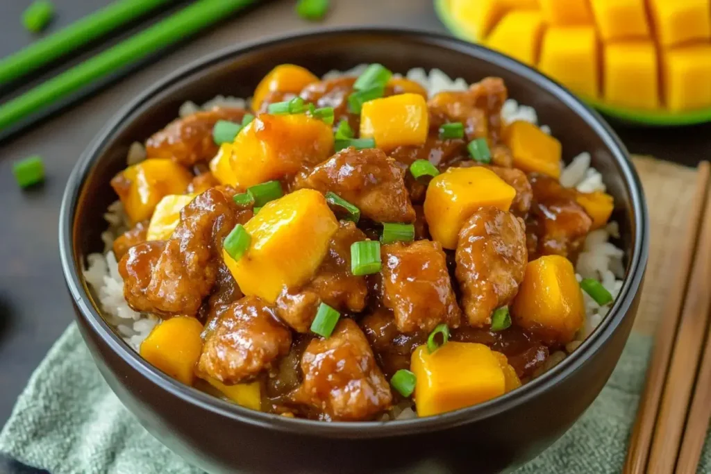 Bowl of Chinese-Style Mango Chicken Stir Fry served over rice with fresh mango chunks and green onions.
