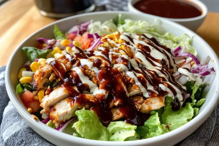 Close-up of Copycat Panera BBQ Chicken Salad with grilled chicken, corn, tomatoes, and drizzled BBQ and ranch sauces in a white bowl.