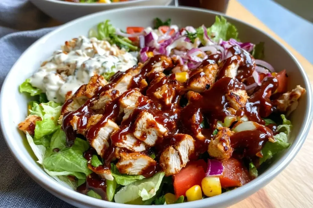 Bowl of Copycat Panera BBQ Chicken Salad with grilled chicken, fresh veggies, pickled onions, and drizzled BBQ and ranch dressing.