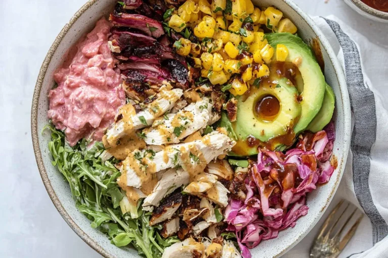 Colorful rotisserie chicken salad with avocado, grilled corn, shredded chicken, pink slaw, and drizzled dressing in a bowl.