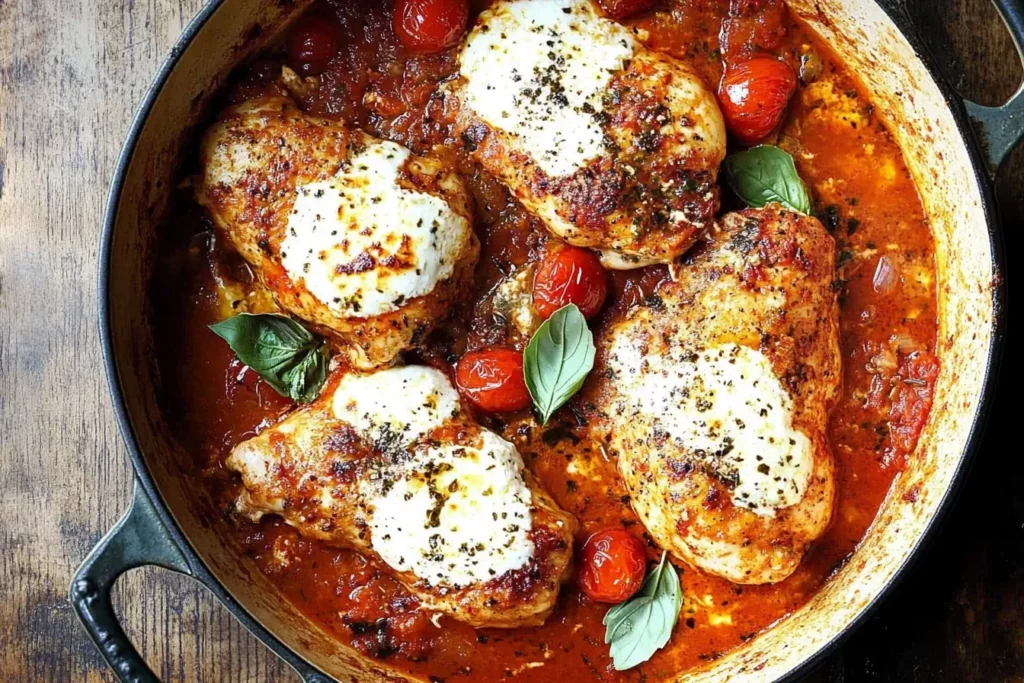 Garlic Tomato Chicken with Mozzarella cooking in a skillet with cherry tomatoes and fresh basil.