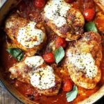 Garlic Tomato Chicken with Mozzarella cooking in a skillet with cherry tomatoes and fresh basil.