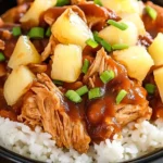 Close-up of Crockpot Pineapple BBQ Chicken served over white rice with pineapple chunks and chopped green onions.