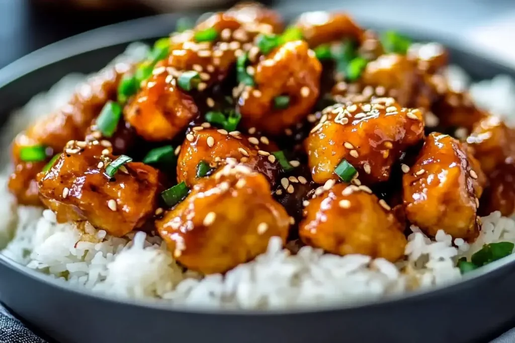 Spicy Ginger Chicken Recipe served over white rice with sesame seeds and green onions.