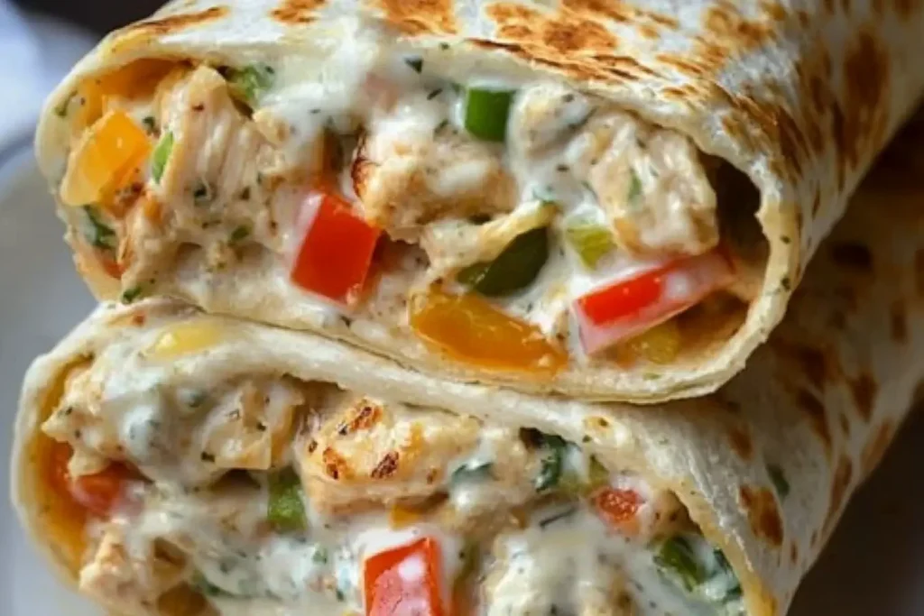 Sliced Chicken Bell Pepper Ranch Burritos filled with creamy chicken and colorful bell peppers.