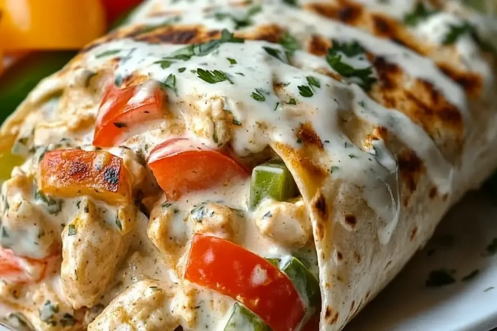 Creamy Chicken Bell Pepper Ranch Burritos filled with colorful bell peppers and drizzled with ranch sauce.