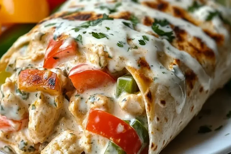Creamy Chicken Bell Pepper Ranch Burritos filled with colorful bell peppers and drizzled with ranch sauce.