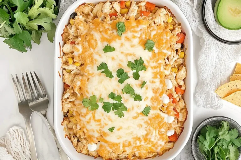 Cheesy Chicken Taco Casserole topped with fresh cilantro in a white baking dish