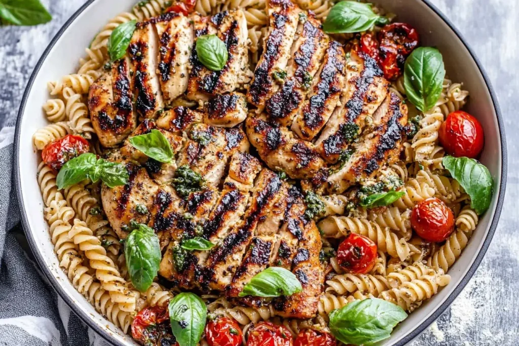 Tomato Basil Pasta with Balsamic Grilled Chicken served with cherry tomatoes and fresh basil in a skillet