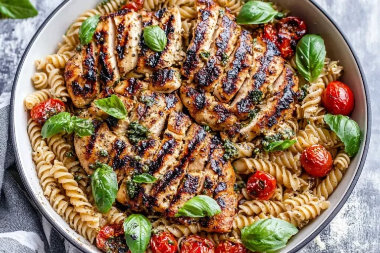 Tomato Basil Pasta with Balsamic Grilled Chicken served with cherry tomatoes and fresh basil in a skillet